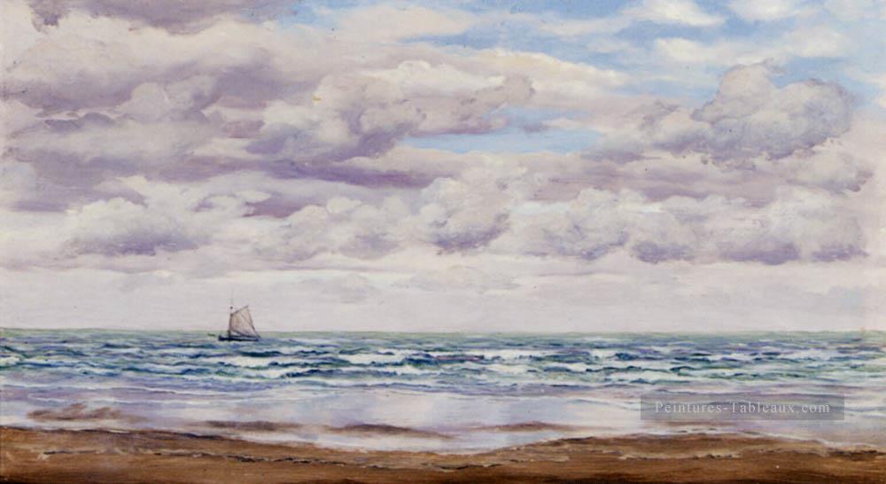 Rassembler des nuages ​​Un bateau de pêche au large de la côte paysage marin Brett John Beach Peintures à l'huile